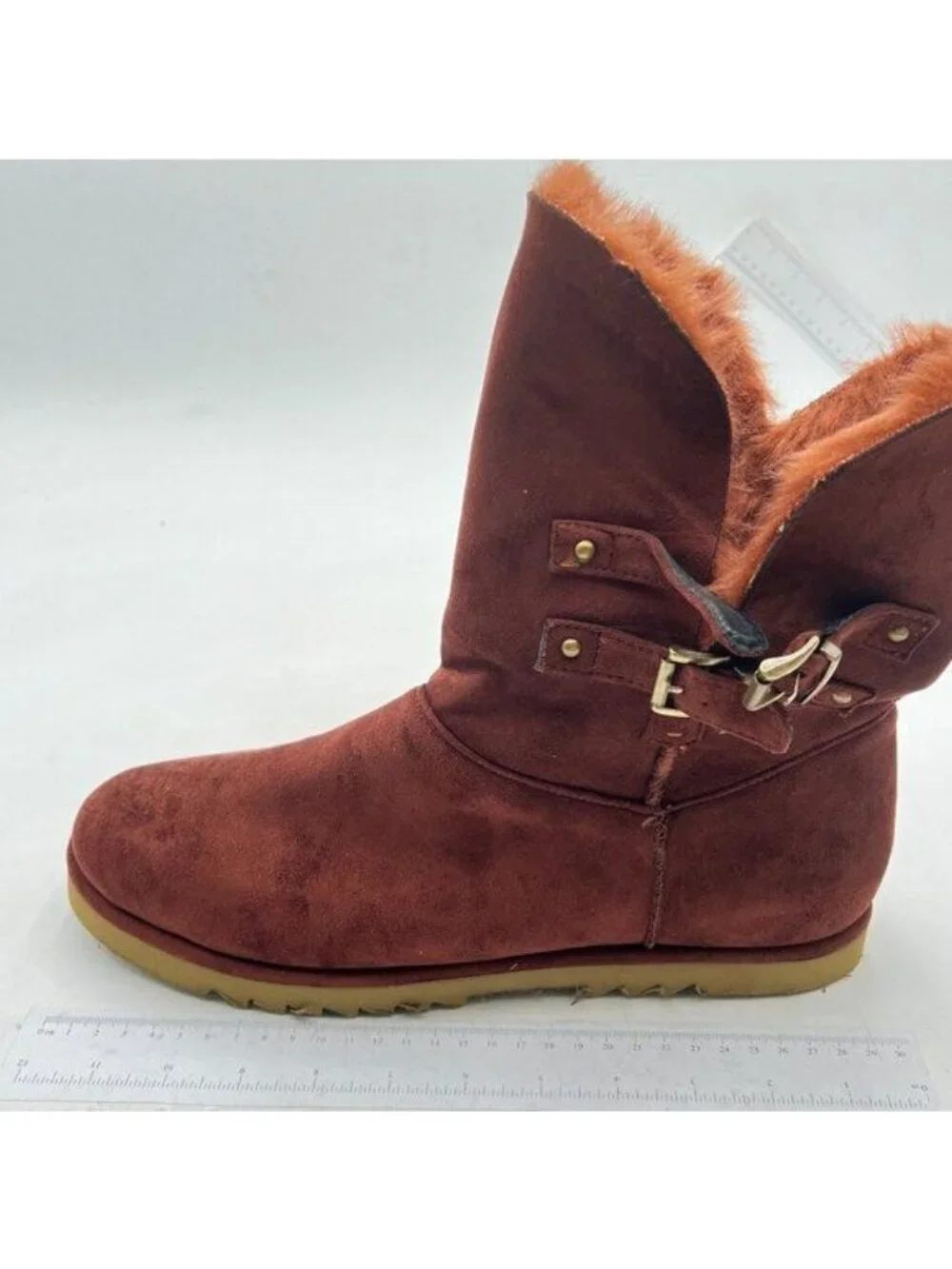 FSJ Brown Mid Calf Fully Fur Lined Winter Snow Boot with Chic Buckles Flat